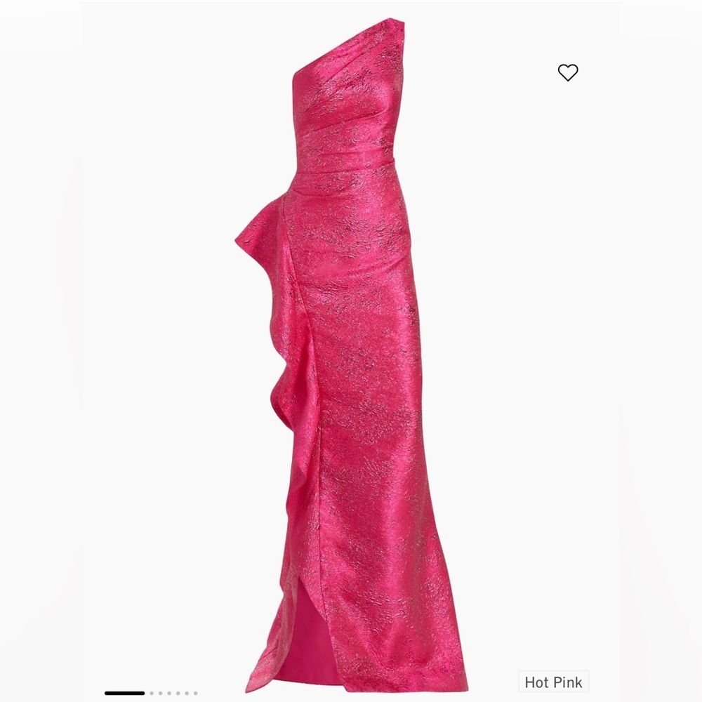 Rickie Freeman for Teri Jon gown in metallic jacquard with cascading side ruffle